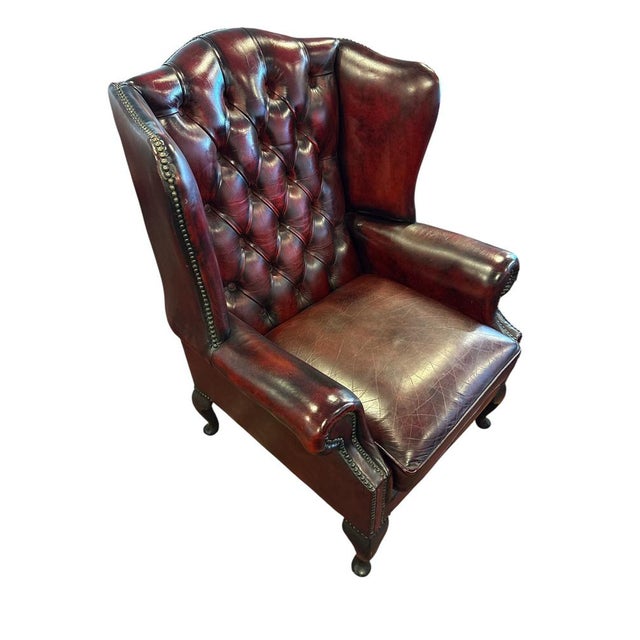 English Chesterfield Wingback Armchair in Dark Red Leather For Sale - Image 5 of 5