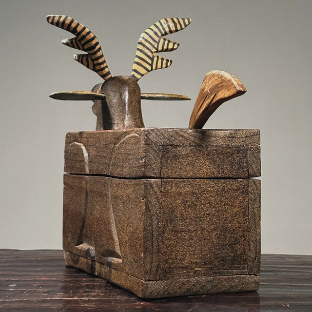 1950s Vintage Hand Carved Polychrome Folk Art Deer Box For Sale - Image 5 of 11