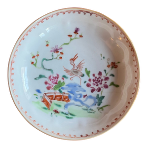 Antique 18th Century Chinese Export Porcelain Saucer Dish in Famille Rose Palette With Exotic Bird and Chippendale Fence Design