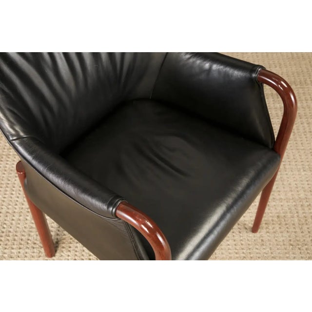 Set of Six Black Leather Dining Armchairs W Cassina Label, C 1980s, Refinished For Sale - Image 9 of 16