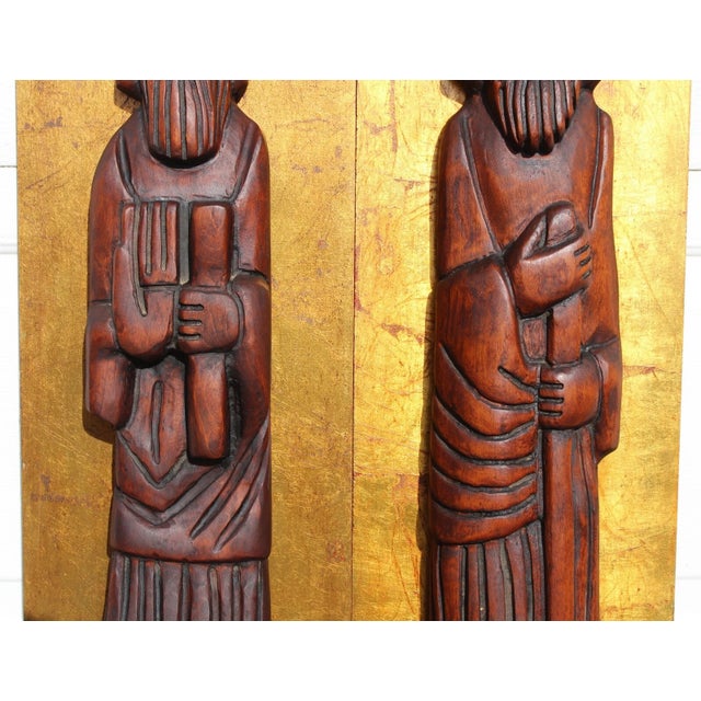 1960s Jaru California 36" Wall Art Wood Carved Figures Gold Plaques For Sale - Image 6 of 17