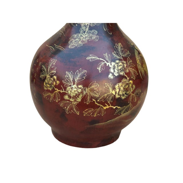 Chinese Brown Lacquer Golden Scenery Decorative Wood Vase Art For Sale - Image 11 of 16