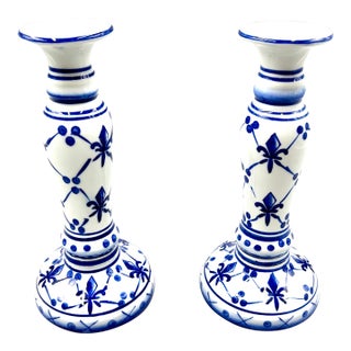 Vintage French Fleur-De-Lis Blue & White Porcelain Candlesticks - A Pair For Sale