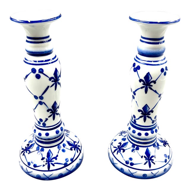 Vintage French Fleur-De-Lis Blue & White Porcelain Candlesticks - A Pair For Sale
