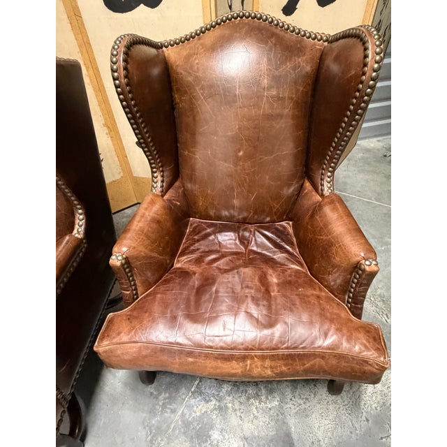American Vintage Barclay-Butera Brown Leather Wingback Chairs With Brass Nailhead Trim, a Pair For Sale - Image 3 of 12