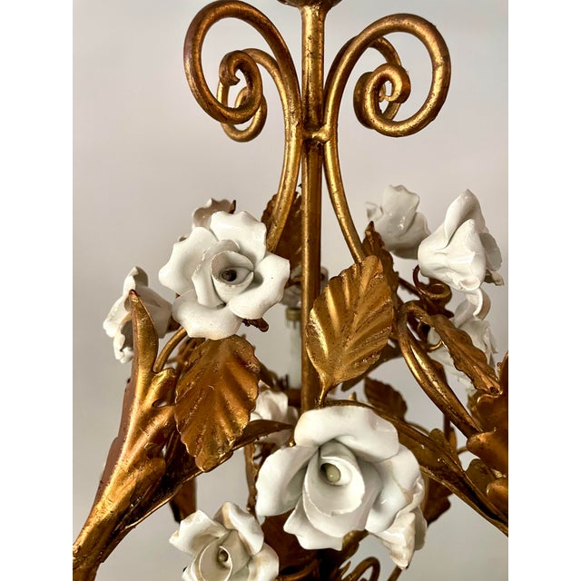 Metal Vintage Italian Style Gilt Tole Chandelier With Porcelain Roses For Sale - Image 7 of 12