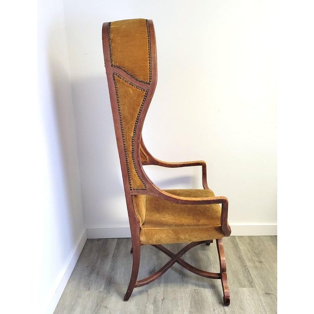 1970s French Revival Porter’s Canopy Chair in Fruitwood and Ochre Velvet For Sale - Image 9 of 11