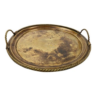 Vintage Brass Tray With Rope Handle Detail For Sale