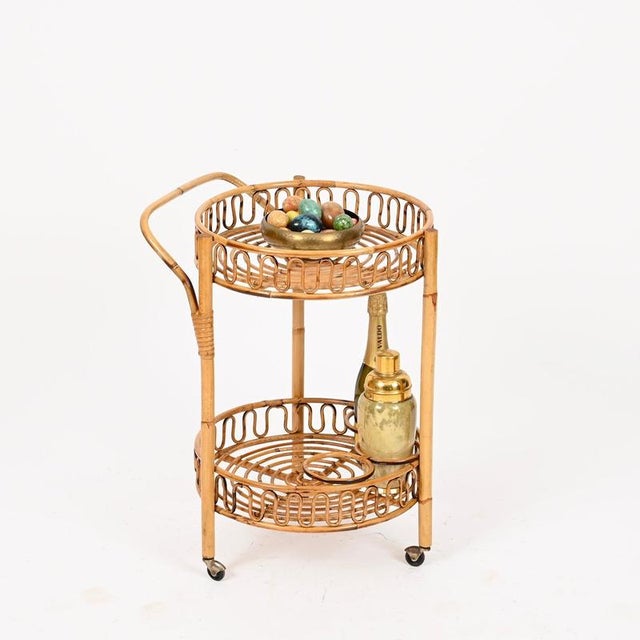 Round Serving Bar Cart in Bamboo, Rattan and Wicker by Franco Albini, Italy, 1960s For Sale - Image 3 of 12