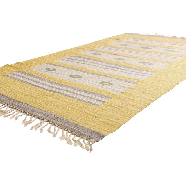 79360 Vintage Swedish Rollakan Rug, 05'01 x 09'05. The Golden Horizon: A Swedish Scandinavian Modern Masterpiece of Nordic...