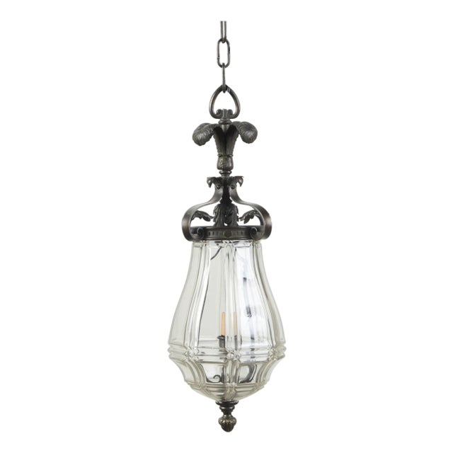 1920s French Bronze and Glass Lantern with Feathers and Acanthus Leaves For Sale