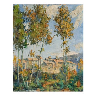 Village Landscape with Trees, 1970s, Oil on Canvas For Sale
