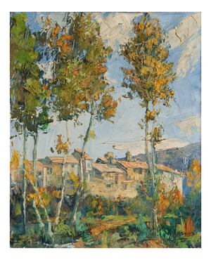 Village Landscape with Trees, 1970s, Oil on Canvas