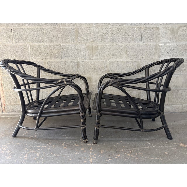 Wood A Pair of Coastal Stylle Rattan Lounge Chairs by McGuire. Circa 1980s. For Sale - Image 7 of 18