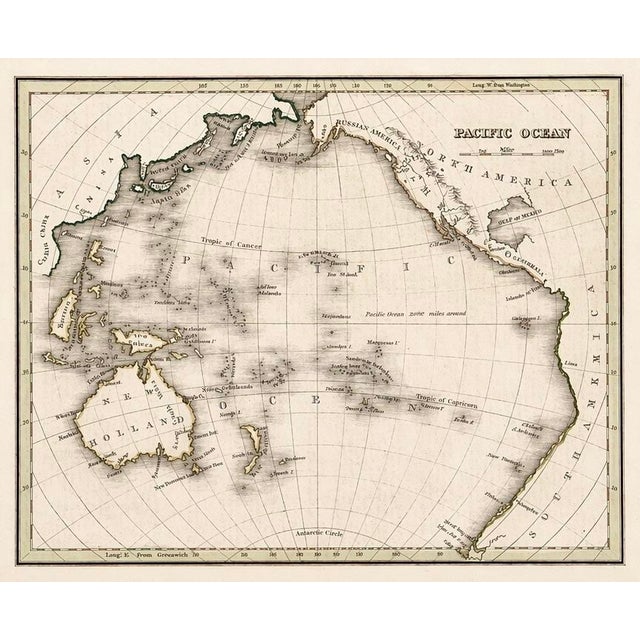 An elegant antique map of the Pacific Ocean, engraved by American cartographer Thomas G. Bradford, presented in a striking...
