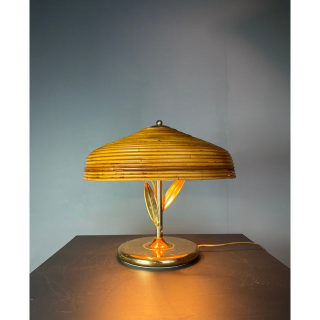 Mid-Century Pencil Reed Rattan Bamboo and Brass Flower Table Desk Lamp, Italy, 1980s For Sale - Image 9 of 15