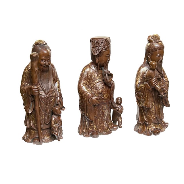 Chinese Fine Bronze Metal SanXing ( 3 Deities ) Fu Lu Shou Statue Set For Sale - Image 4 of 9