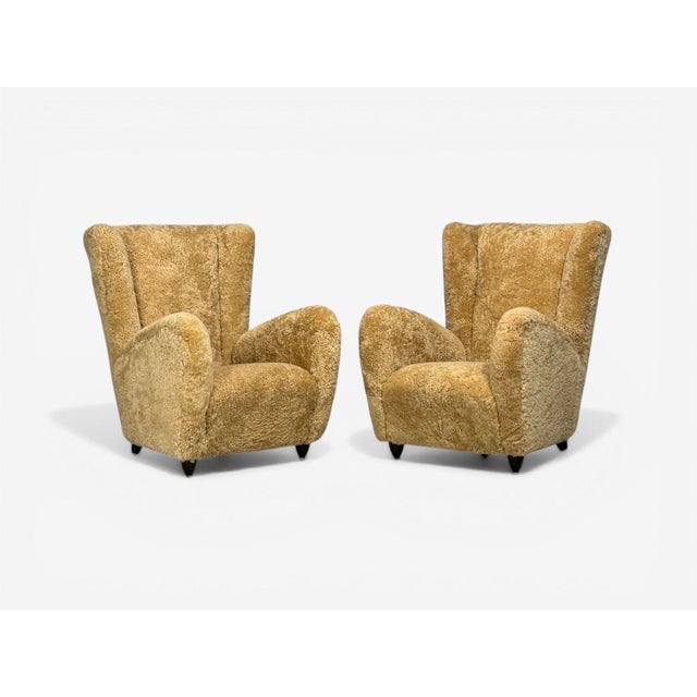 Paolo Buffa Attrib., Beige Shearling, Wood, Lounge Chairs, Italy, 1950s For Sale - Image 4 of 14
