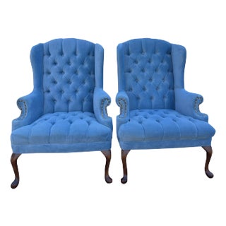 Vintage Tufted Queen Anne Chairs in Powder Blue Side or Accent Chairs- a Pair For Sale