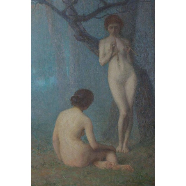 A monumental and atmospheric French Symbolist oil painting by Jules Octave Triquet (1867–1914), depicting two nude female...