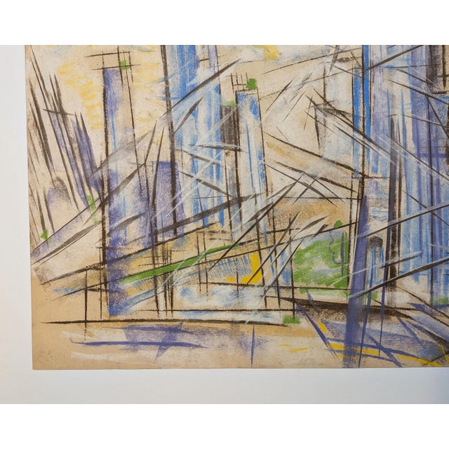 Mid-Century Modern Futurist-Style Cityscape Drawing, Pastel on Paper, Unsigned For Sale - Image 4 of 6