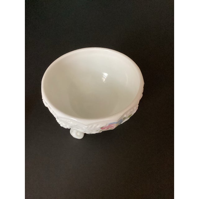 American Westmoreland Vintage 1950’s Milk Glass Covered Candy Jar Round Vanity Jar Floral Footed For Sale - Image 3 of 8