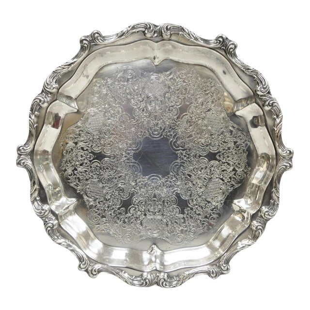 Mid 20th Century "La Reine" by Wallace Round Scalloped Footed Silver Plated Serving Platter Tray For Sale