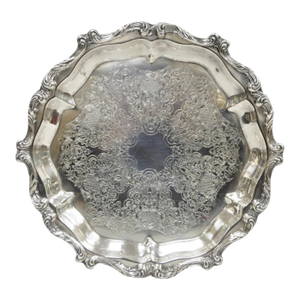Mid 20th Century "La Reine" by Wallace Round Scalloped Footed Silver Plated Serving Platter Tray