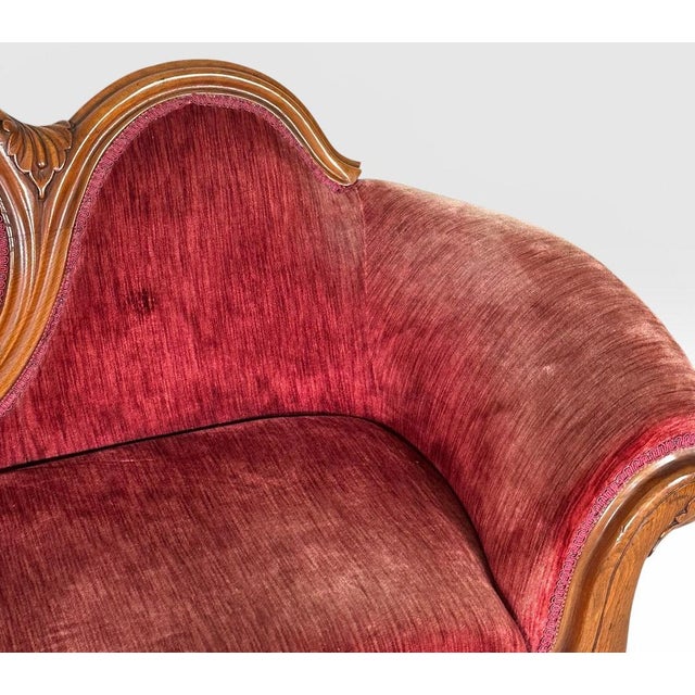 Antique Victorian Carved Walnut Triple Back Cranberry Velvet Settee For Sale - Image 9 of 18