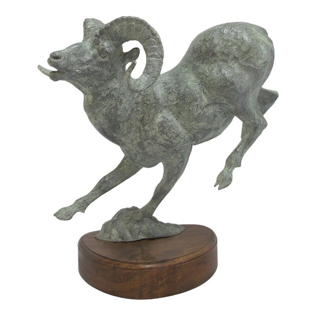 Large Leaping Bighorn Sheep Ram Verdigris Patina Metal Sculpture For Sale