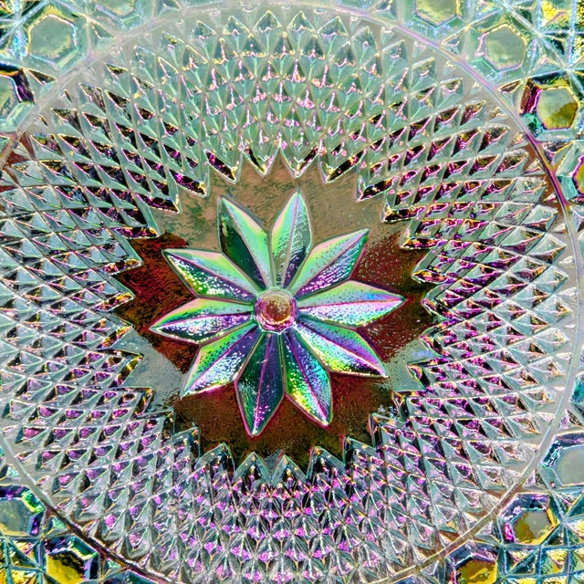 Purple Mid 20th Century Iridescent Pressed Glass Ruffled Console Bowl With Starburst Pattern For Sale - Image 8 of 8