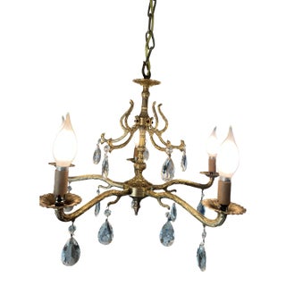 Solid Brass Floral Chandelier With Crystals (C. 1920s-1940s) For Sale