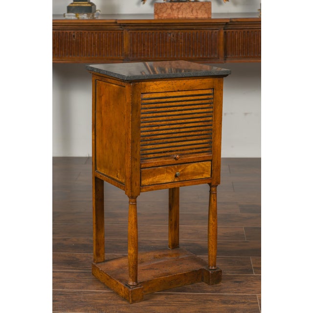 Wood French 1870s Napoleon III Walnut Bedside Table with Stone Top and Tambour Door For Sale - Image 7 of 12