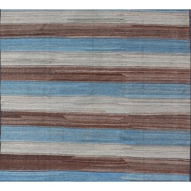 Blue Kilim Rug With Horizontal Stripes in Blue, Brown, and Soft Gray 8'4 X 11'10 For Sale - Image 8 of 13