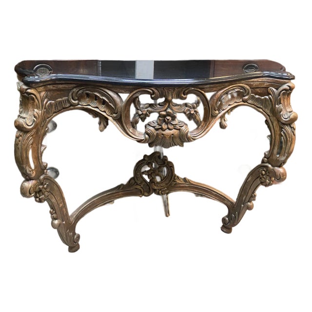 Hand-Carved Indonesian Bronze Console Table W/ Dark Top $1,575 For Sale