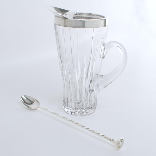 Art Deco 1940s Silver Plate and Crystal Barware Cocktail Martini Pitcher with Stirrer Spoon For Sale - Image 3 of 17