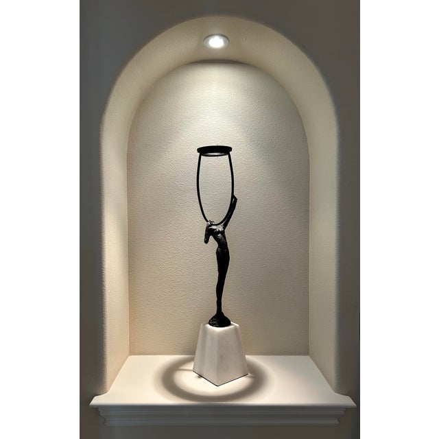 Metal Modern Abstract Figural Sculptural Candleholders - Pair on White Stone Bases For Sale - Image 7 of 10