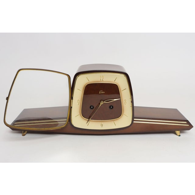German Art Deco Mahogany and Brass Mantle Clock With Key by Emes For Sale - Image 4 of 18