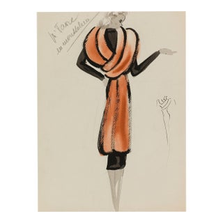 Vintage French Fashion Art Print – Rust & Black Art Deco Illustration, 12" X 16" For Sale