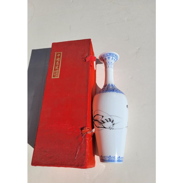 Asian Antique Signed Chinese Eggshell Porcelain Vase 10" Shrimp/Prawn Calligraphy + Box For Sale - Image 3 of 7