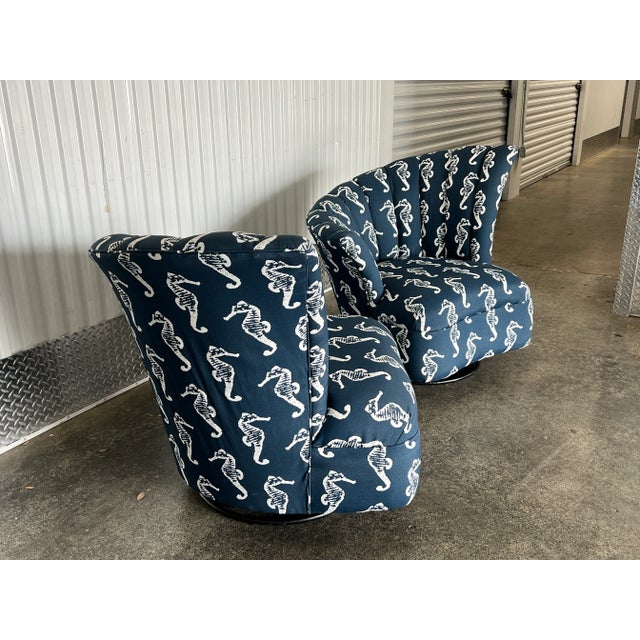 1970s Beach House Seahorse Fabric Covered Fan Back Lounge Chairs - a Pair For Sale - Image 9 of 10