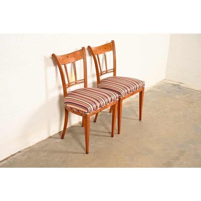 Michael Taylor Antique Italian Regency Fruitwood Inlaid Marquetry Side Chairs or Dining Chairs, Pair For Sale - Image 4 of 17