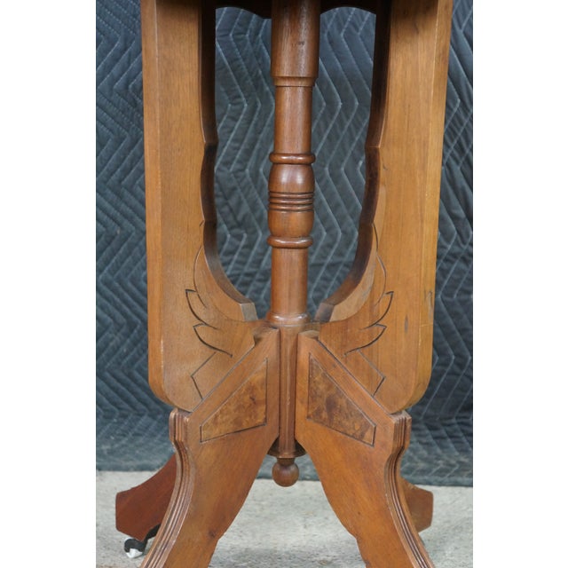 Antique Victorian Eastlake Walnut Carved Marble Top Parlor End Side Table 26" For Sale - Image 4 of 17
