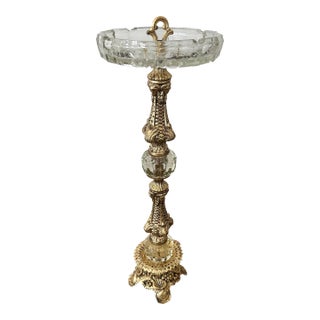 Vintage Crystal Glass and Metal Smoke Stand Floor Ashtray For Sale
