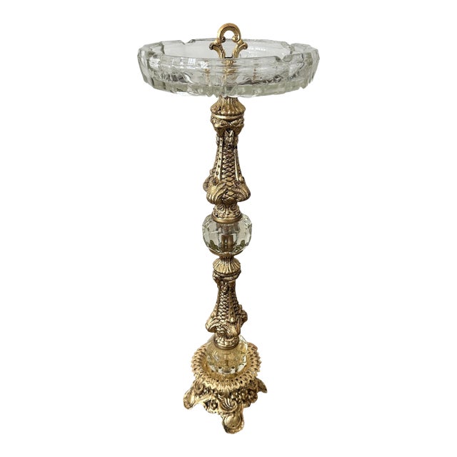 Vintage Crystal Glass and Metal Smoke Stand Floor Ashtray For Sale