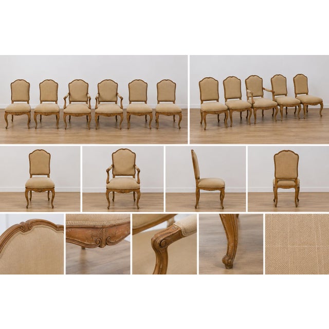 Elegant set of six French Provincial dining chairs featuring a beautifully weathered washed oak finish and neutral beige...
