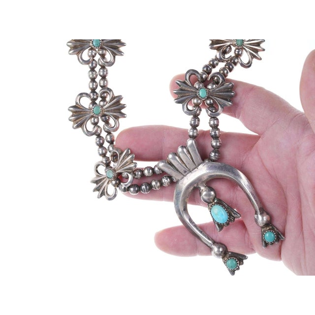 Native American Vintage Navajo Silver Tufa Cast Squash Blossom Necklace With Turquoise For Sale - Image 3 of 5