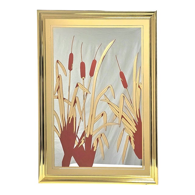 1970s Steve Wiener for Academy Arts Screen-Printed Cattail Mirror, Gold Frame For Sale