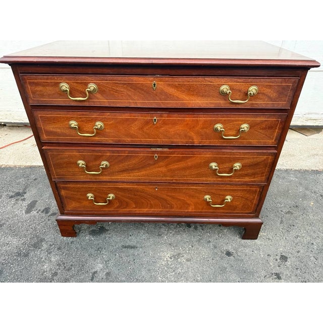Vintage Georgian Chippendale Style Inlaid Flame Mahogany Chest of Drawers by Md. Colony Well made with inlays on front...