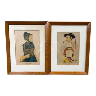 Pair of Vintage Kurt Wirth "Costumes Suisses" Lithographs – Mid-Century Modern Folk Art in Bird's Eye Maple Frames For Sale
